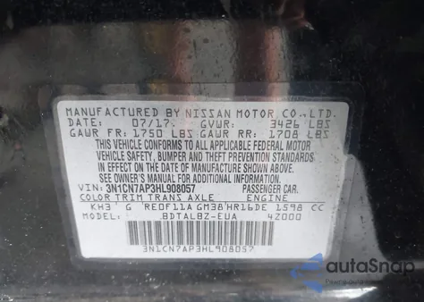 2017 Nissan Versa 1.6 Sv z USA, uszkodzony, nr VIN 3N1CN7AP3HL908057